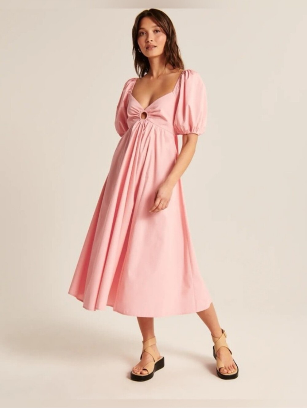 Abercrombie & Fitch Women's Pink Puff Sleeve O-Ring Cutout Midi Dress Sz S